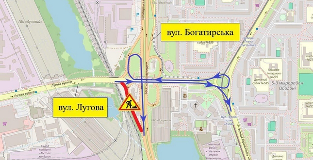 З 11 до 24 березня обмежать рух з’їздом із вул. Лугової на вул. Богатирську в напрямку просп. Степана Бандери.