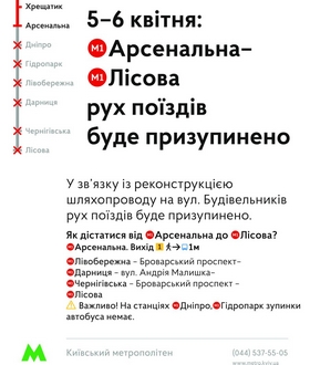 5 і 6 квітня рух поїздів між станціями метро "Лісова" та "Дніпро" зупинять через ремонт Дарницького шляхопроводу